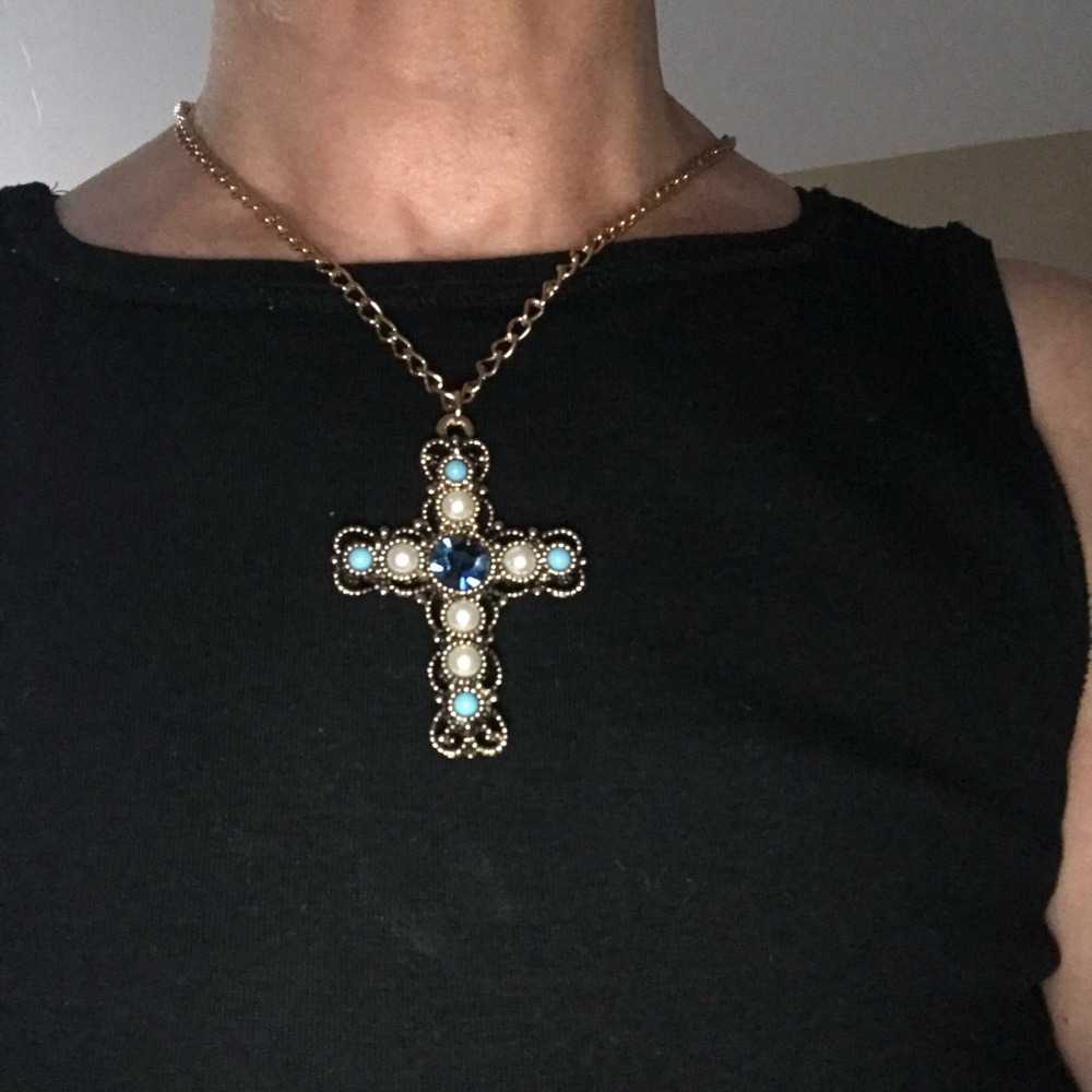 Emmons Vintage Faux Pearl Turquoise Cross Necklace